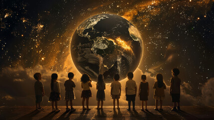 Conceptual image of the world's children looking at a dark globe, questioning their future,