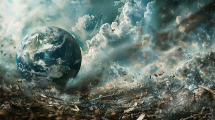 Conceptual portrayal of the Earth as a living being, its heartbeat faint and irregular, struggling for survival amidst chaos, - obrazy, fototapety, plakaty