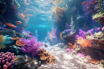 An underwater paradise created in immersive 3D. with lively coral reefs - obrazy, fototapety, plakaty