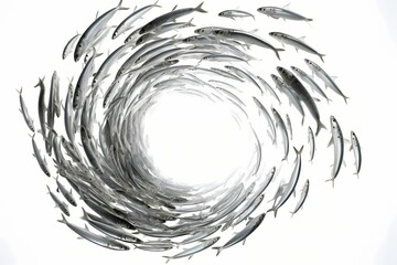 Spiraling vortex of silver barracuda creating a mesmerizing underwater spectacle, isolated on white solid background