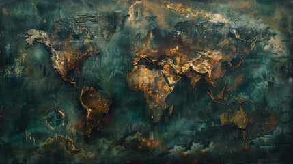 Dark world map with fading greenery, replaced by sprawling urbanization and industrial wastelands,