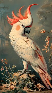 Oil painting digital art prints wall art features white cacatua bird on the branch, chinoiserie minimal farmhouse decor with nature theme