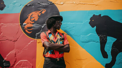 A powerful image of a black man sporting a beret his Afro standing tall and proud as he stands in front of a colorful mural featuring the iconic panther logo. .