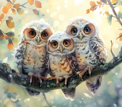 Illustration features a group of  cute owl perches on tree branch wall art,  vintage farmhouse decor, digital art print, wallpaper, background 