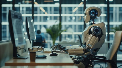 Fototapeta na wymiar Ai robot work in smart office.