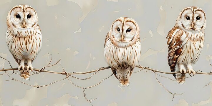 Oil painting features owl perches on branch wall art,  vintage farmhouse decor, digital art print, wallpaper, background 