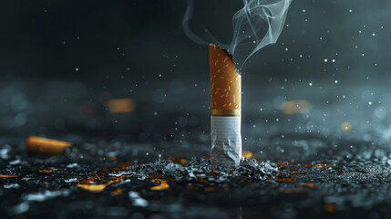 Closeup of a burning cigarette with smoke on a dark background - obrazy, fototapety, plakaty
