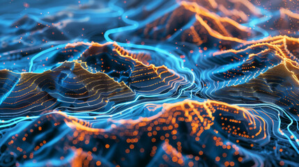 Dynamic digital terrain, with topographical lines in blue illustrating the landscape of cyber intelligence,