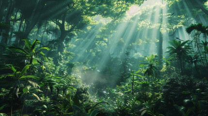 Dynamic depiction of a world where rainforests exist only in virtual reality, the last refuge of lost ecosystems,