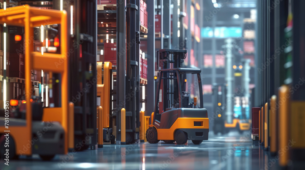 Wall mural Dynamic scene of robotic forklifts collaborating without human intervention, optimizing storage space, - Wall murals