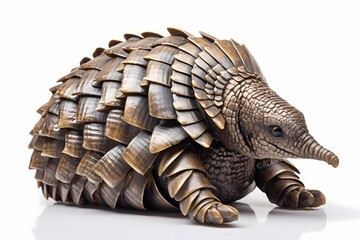 Curled up armadillo in a defensive pose, armor-like scales captured in exquisite detail, isolated on white solid background
