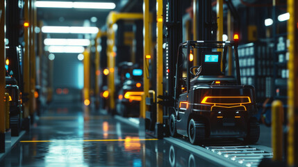 Futuristic portrayal of AI forklifts equipped with voice command technology for intuitive operation,
