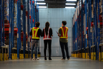 A group of warehouse employees, Inspecting products on warehouse shelves before they are sent to retailer