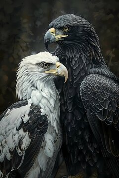 Oil painting features black and white eagle birds  embracing moody tone  wall art,  vintage farmhouse decor, digital art print, wallpaper, background 