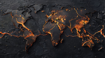 High-tech map of earth showing zones of seismic activity increased by fracking, visualized with dark, spreading cracks, - obrazy, fototapety, plakaty