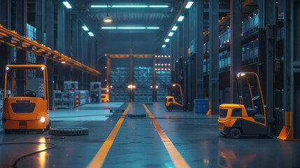 Futuristic warehouse with AI forklifts charging at eco-friendly stations during downtime,