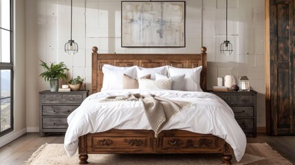 The bedroom features a weathered wooden bed frame with intricate carvings paired with crisp white bedding and a set of metal nightstands on each side. The blend of the natural wood .