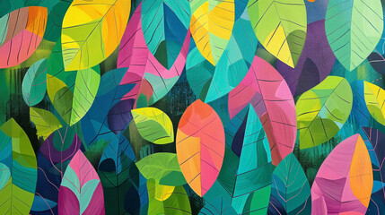 Geometric rainforest canopy, with overlapping shapes forming lush, leafy patterns,