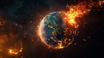 High-resolution depiction of Earth as a beacon of distress, sending out SOS signals as it burns in the void of space,