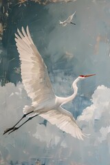 Chinoiserie impressionist  painting features white crane flying wall art,  vintage farmhouse decor, digital art print, wallpaper, background 