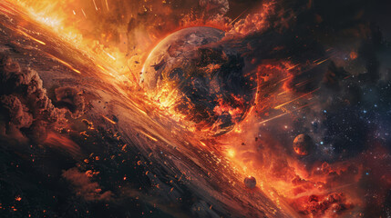 High-resolution depiction of Earth's atmosphere tearing apart, revealing a fiery core driven to fury by pollution and exploitation,