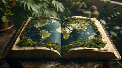 High-resolution depiction of Earth's biography, pages filled with lush imagery slowly turning blank,