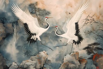 Chinoiserie impressionist  painting features crane flying wall art,  vintage farmhouse decor, digital art print, wallpaper, background 