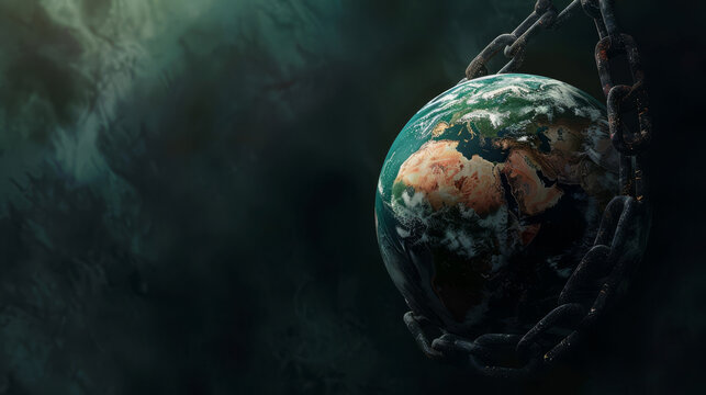 High-resolution illustration of a planet bound in dark chains, representing the stranglehold of fossil fuel dependence,