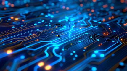 High-tech background with glowing blue circuits, illustrating the intricate pathways of data flow,