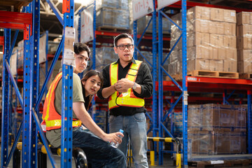 Group of warehouse employee rest comfortably during work