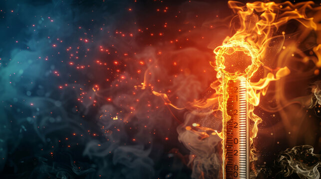 High-tech graph charting the rise in global temperatures against the backdrop of a thermometer bursting into flames,