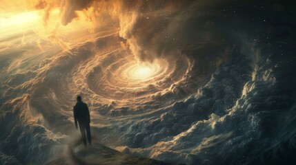 A person stands on the edge of a swirling vortex their back turned as they are consumed by a surreal and otherworldly landscape. . . - obrazy, fototapety, plakaty
