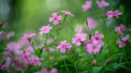 Fototapeta na wymiar Pink flowers in a green field with blurred backdrop