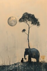 Oil painting features  an elephant in the wild forest wall art, moody vintage farmhouse style digital art print, wallpaper, background
