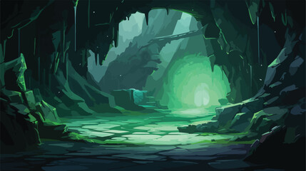Dark cave with magic portal on dangerous swamp. Vec - obrazy, fototapety, plakaty