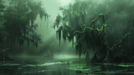 A mist-covered swamp, where eerie green moss hangs from twisted trees in the murky waters. - obrazy, fototapety, plakaty