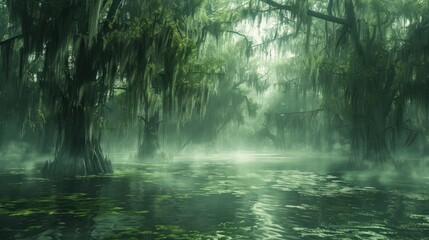 Fototapeta na wymiar A mist-covered swamp, where eerie green moss hangs from twisted trees in the murky waters.
