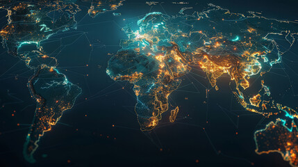 Obraz premium High-tech world map showcasing global fintech innovations, with financial hubs glowing brightly,