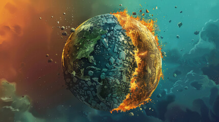Illustration of a planet divided, with one half vibrant and the other consumed by environmental damage,