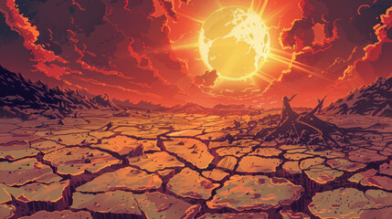 Illustration of a scorched Earth, cracked and dry, suffering under the heat of global warming,