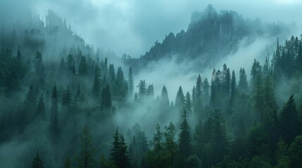 A misty morning in the mountains, where emerald-green pine trees emerge from the fog.