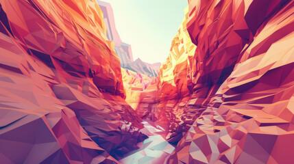 Layered low poly canyon, with geometric strata revealing earth's ancient history, - obrazy, fototapety, plakaty