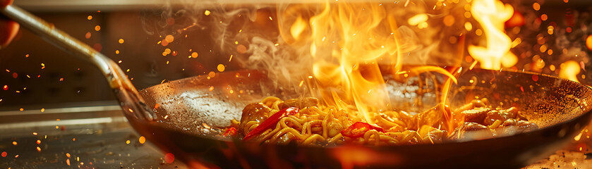 A kitchen alive with the crackle of fire, where spicy noodles entwine with tender meat and handcrafted dough, creating a symphony of flavors - obrazy, fototapety, plakaty