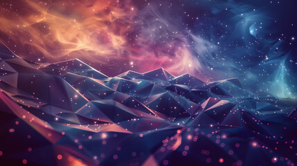 Low poly geometric galaxy, with swirling patterns of stars and cosmic dust,