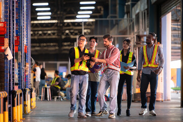 A group of warehouse employees, Inspecting products on warehouse shelves before they are sent to retailer