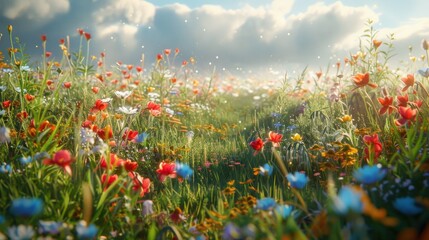 A peaceful meadow dotted with vibrant wildflowers, swaying gently in the breeze.