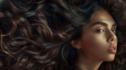 Generative AI : Brunette woman with long and shiny wavy hair . Beautiful model with curly hairstyle . - obrazy, fototapety, plakaty