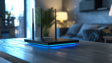 Next-generation router with a sleek, modern design, illuminating a room with data light streams, - obrazy, fototapety, plakaty