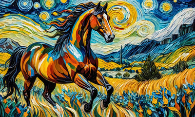 Obraz premium Serene Equine Harmony: Horse Amidst Floral Bliss and Peaks