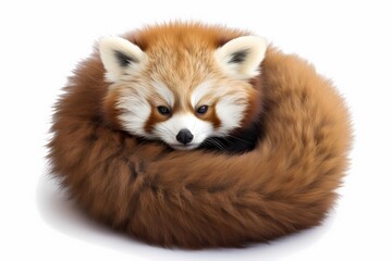 Endearing red panda curled up in a cozy ball, fluffy tail wrapped around, isolated on white solid background